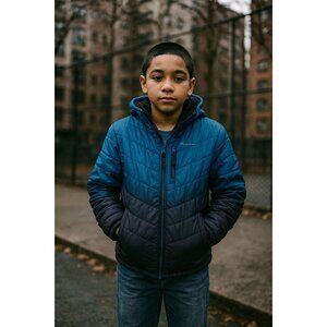 Eddie Bauer Youth Hooded Jacket L 14/16 Blue Ombre Reversible Sherpa Puffer